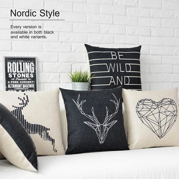 Black White Deer Pillow Nordic Geometric Pillow Cushion Linen  Sofa Cushions