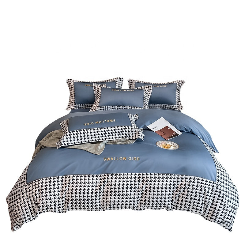 Royal Blue Modern Grid Flat Bed Sheet Bedding Set