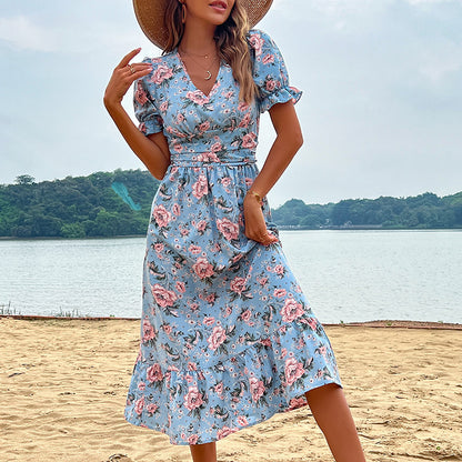 Fashion v Neck Short Sleeve Floral Dress Women Sweet Dresses Clothing Wholesale