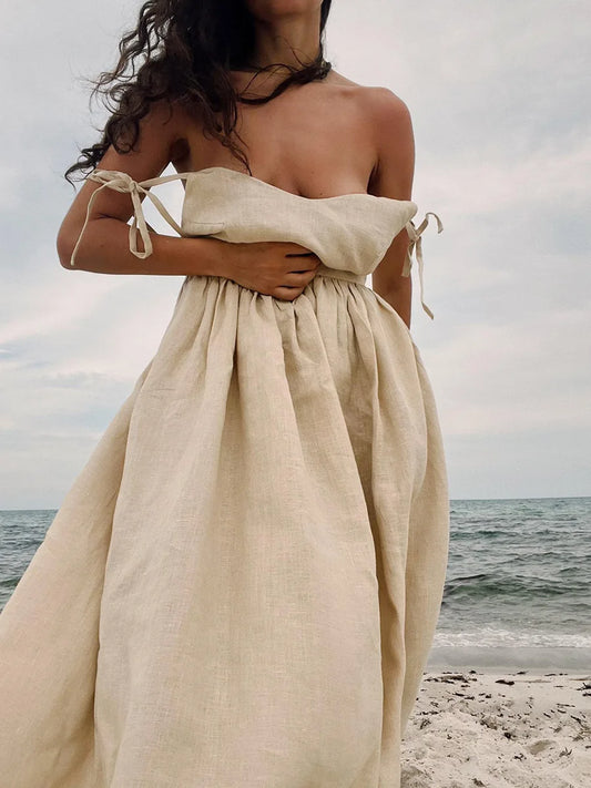 Summer Beach Style Women Dress Vintage Loose A-Line Sling Cotton V-Neck Dress