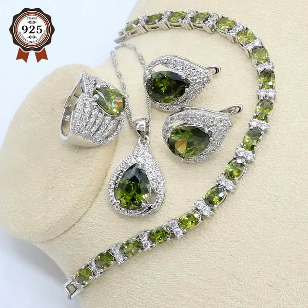 New Green Peridot Zircon Silver 925 Jewelry Set Women  Earrings Necklace