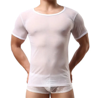 Sexy Men Undershirts Transparent Sheer Short Sleeve T Shirt Sports Fitness