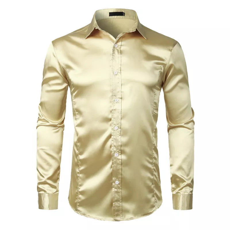 Men's Slim Fit Silk Satin Dress Shirts Wedding Groom Stage Prom Shirt