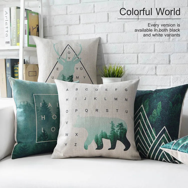 Nordic Geometry Green Forest Deer Pillow Animal Cushions Thick Linen Pillowcase