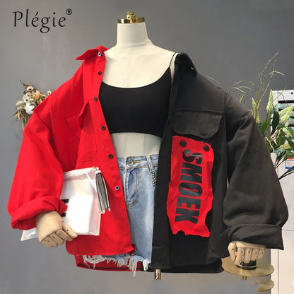 Plegie Harajuku Oversize Patchwork hooded Jacket Women Hip Hop Streetwear Loose