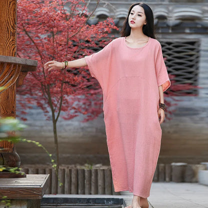 Johnature 2024 Summer Half Batwing Sleeve Cotton Linen Long