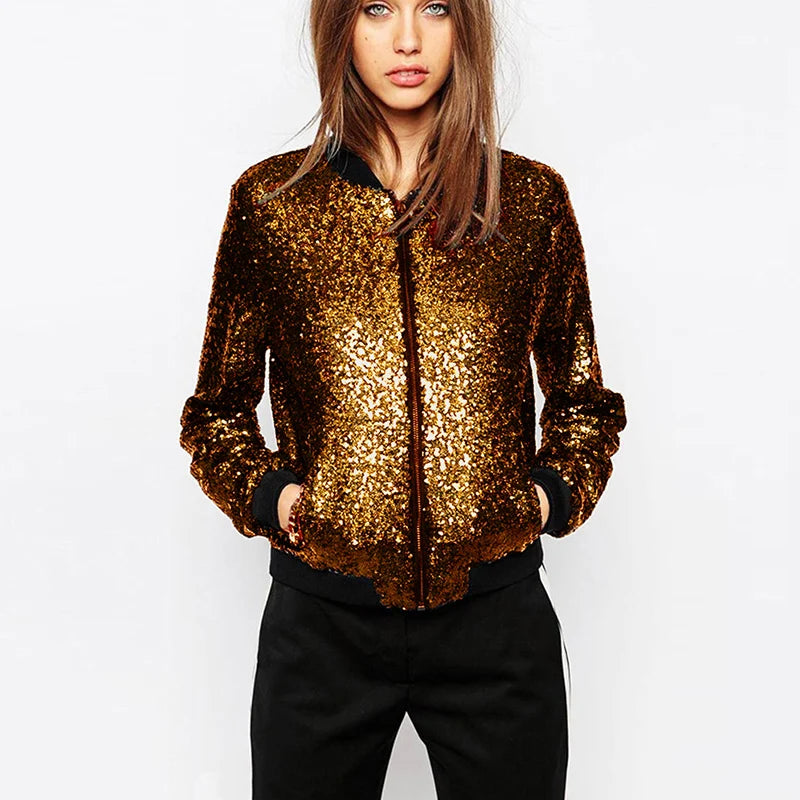 Women Sequin Coat Bomber Jacket Long Sleeve Zipper