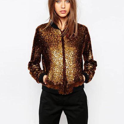 Women Sequin Coat Bomber Jacket Long Sleeve Zipper