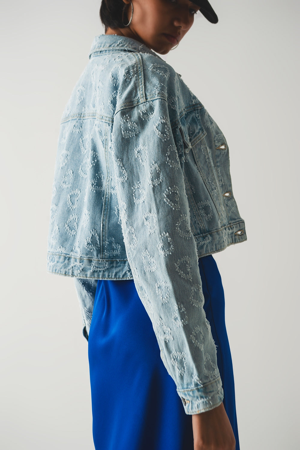 Heart Embellished Oversized Denim Jacket in Light Wash