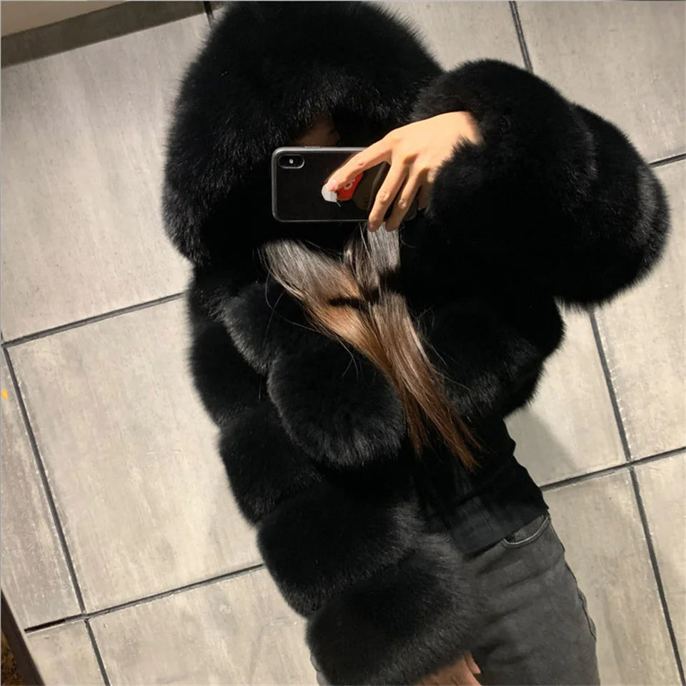 Winter Women Faux Fox Fur Thick Warm Full Sleeves Hooded Short Jacket