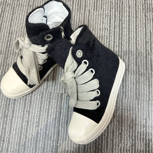 Fall Winter New Arrivals Black Fur Boots Ankle Lace Up Sneakers