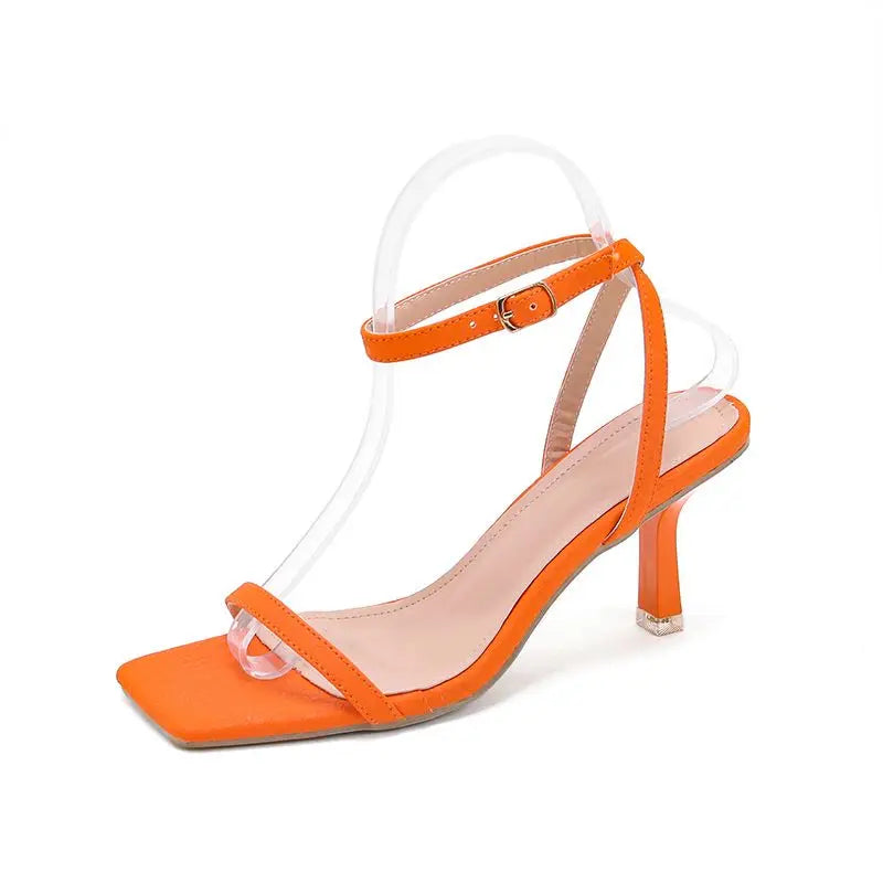 Summer Women Shoes Ankle Strap Mid-Heel Square Open Toe Heels Strap High Heels