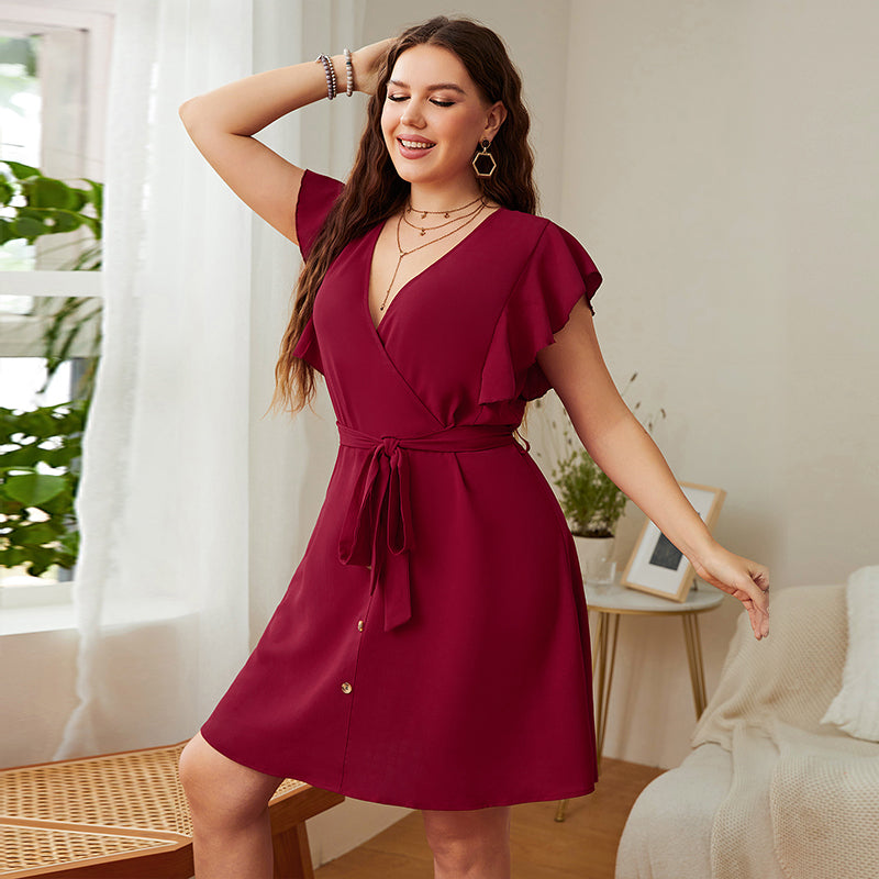 Plus Size Womens Dresses Summer Chiffon Deep v Sexy Red Mini Short Dress Urban