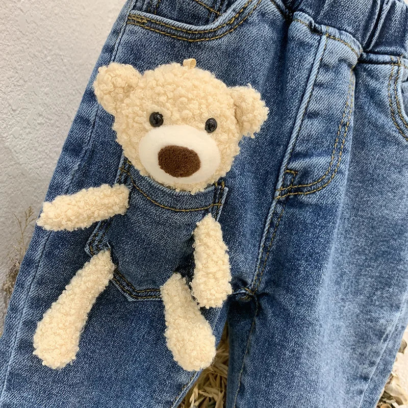 2-6 Years Winter Girls Boys Cute Cartoon Bear Jeans Pant Baby Kids Children