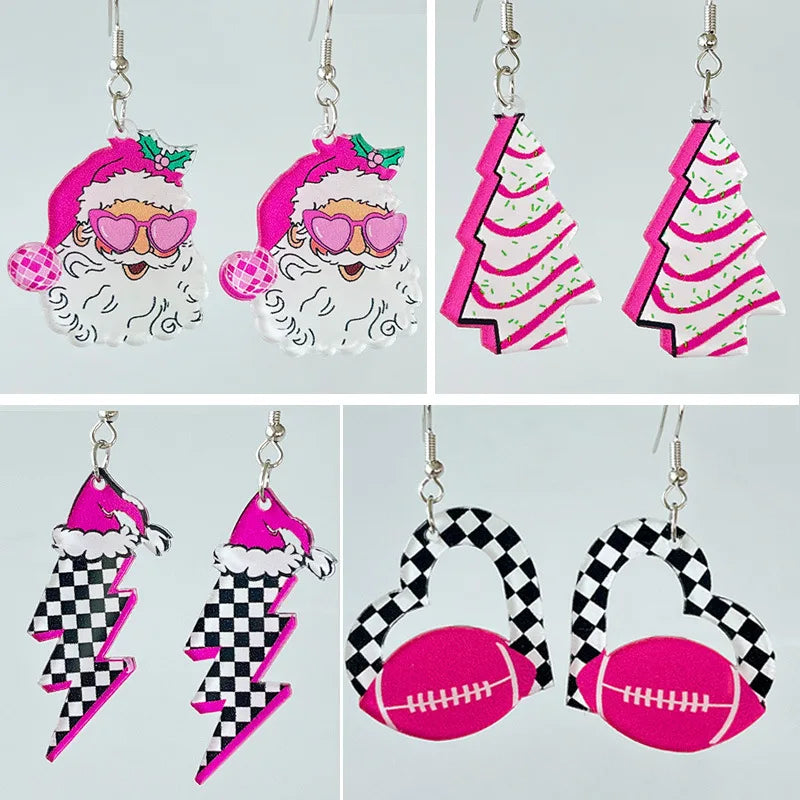 Popular Pink Christmas Earrings Santa Claus Christmas Tree Rugby Earrings