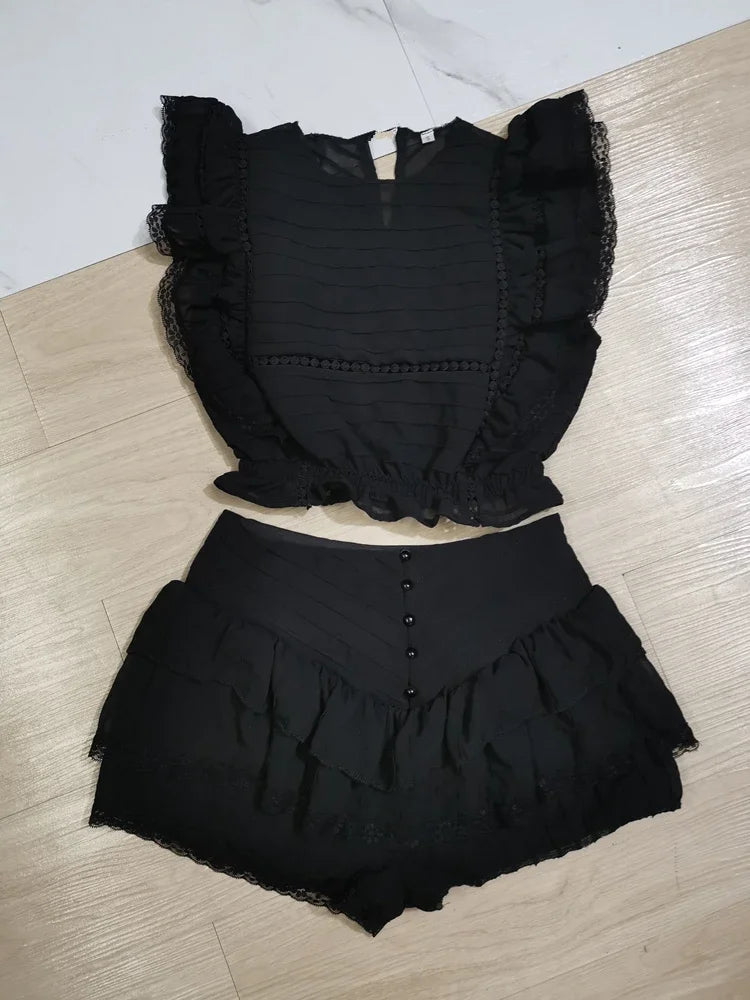 Sunday Set Elastic Waistband Cropped Top With Ruffle Mini Shorts Skirts