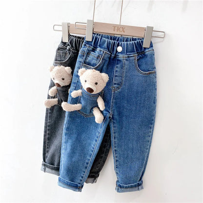 2-6 Years Winter Girls Boys Cute Cartoon Bear Jeans Pant Baby Kids Children