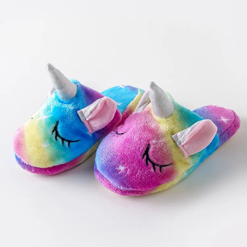 Girls Winter Rainbow Unicorn Slippers Children Cartoon Kigurumi Pajama Shoes