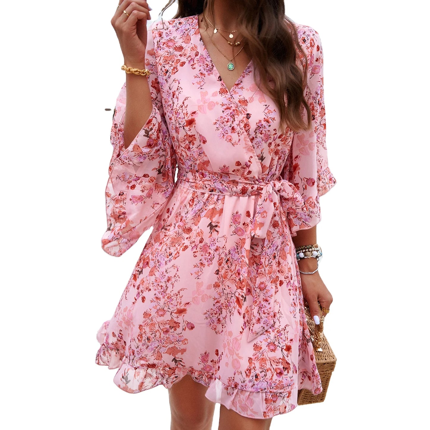 2024 Women Spring Summer V-Neck Floral Printed Dresses Elegant