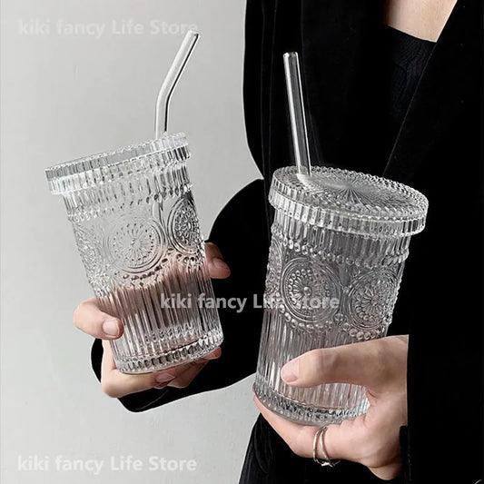 380ML Milk Cup Flower EmbossTransparent Glass Cup With Lid and Straw