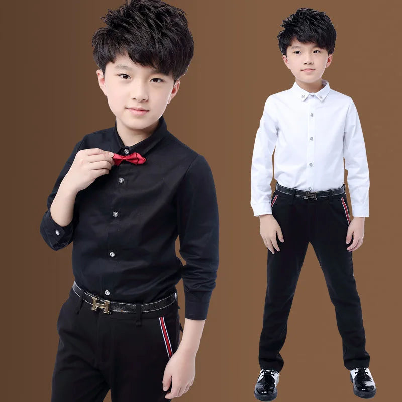 New Children Boys Shirts Cotton Solid Black&White Shirt With Tie Boys for 3-15