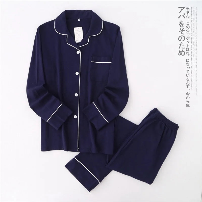 Casual Couple Solid 100% Cotton Pajamas Sets Men Autumn Long-Sleeve Sleepwear