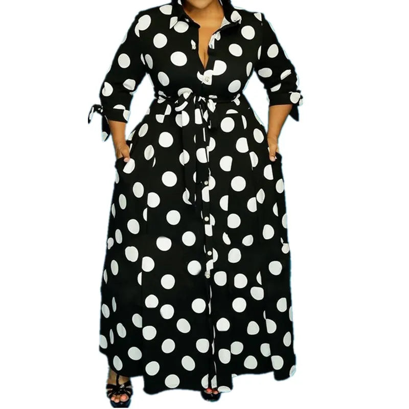 Women Dress Plus Size XL-5XL Elegant Maxi Dress Polka Dot Printed Office Lady