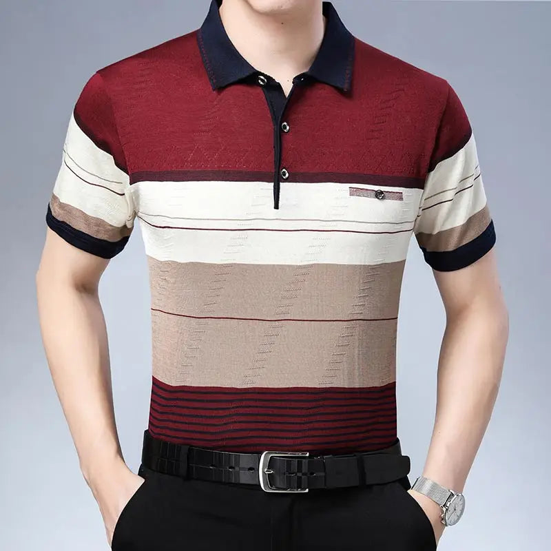 Summer Short Sleeve Polo Tee Shirt Men Casual Pocket Striped Men's Clothing