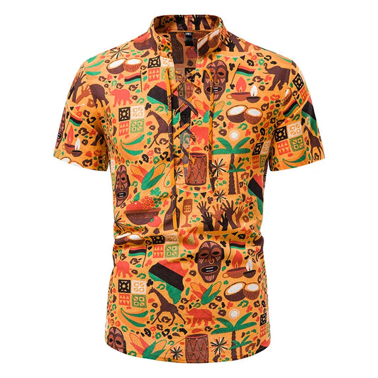 Mens Hawaiian Floral Shirt Short Sleeve Lace Up Cotton Linen Pullover Shirt Men