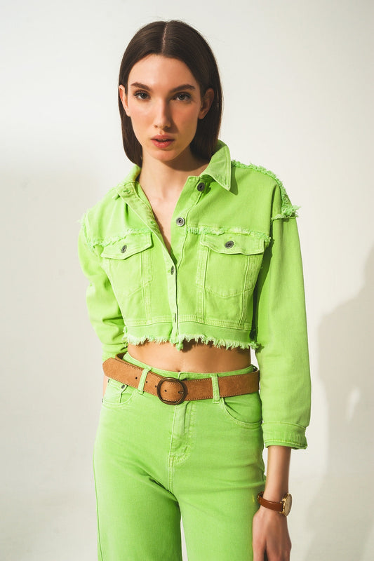 Cropped Denim Trucker Jacket in Acid Green