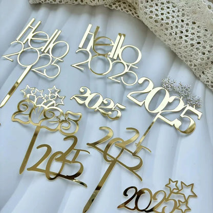 2025 Happy New Year Party Cake Toppers Gold Acrylic