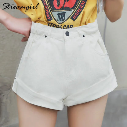 Streamgirl Denim Shorts Women's White Women Short Jeans Khaki Wide Leg Elastic