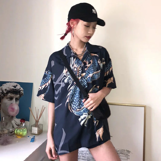 Summer Women Tops Harajuku Blouse Women Dragon Print Short Sleeve Shirt