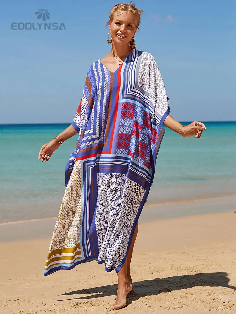 2023 Multicolored Kaftan Bohemian Printed V-Neck Batwing