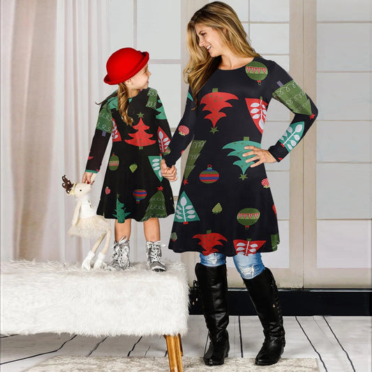 Women Adult Dress Christmas Costume Christmas Print Dresses Kids Girls