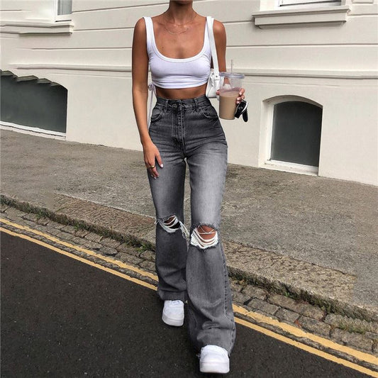 New Style 2022 Cowboy Wide-Leg Ripped Pants Jeans Women Streetwear Bell Bottom