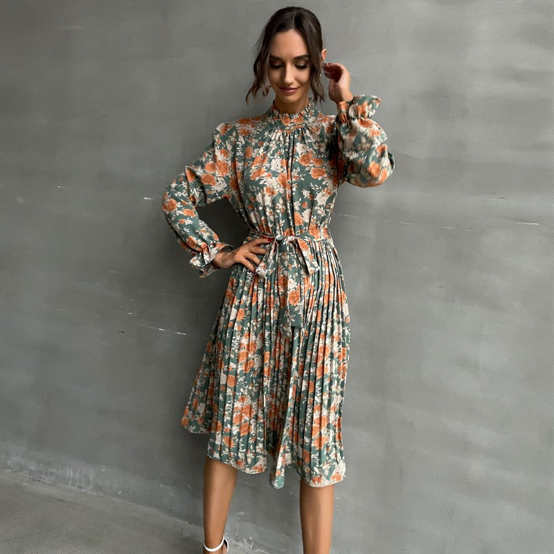 Luxury Dresses Women Elegant Long Sleeve Floral Printed Pleated