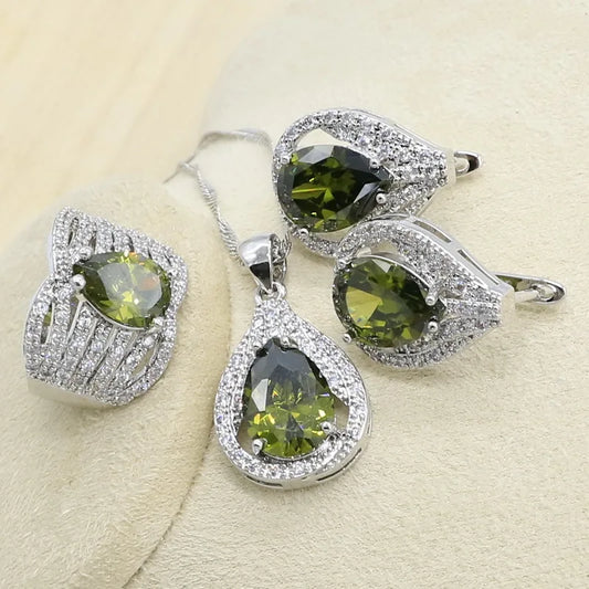 New Green Peridot Zircon Silver 925 Jewelry Set Women  Earrings Necklace