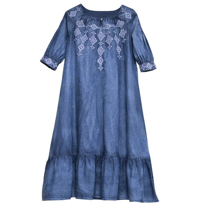 21New Women Denim Dresses Spring Autumn Vintage Embroidery