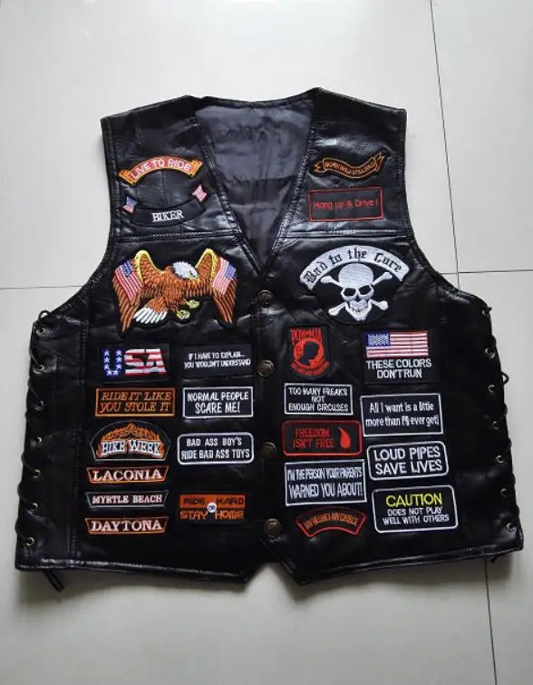 Mens Black Genuine Leather Motorcycle Vest W/ 42 Patches US Flag Eagle