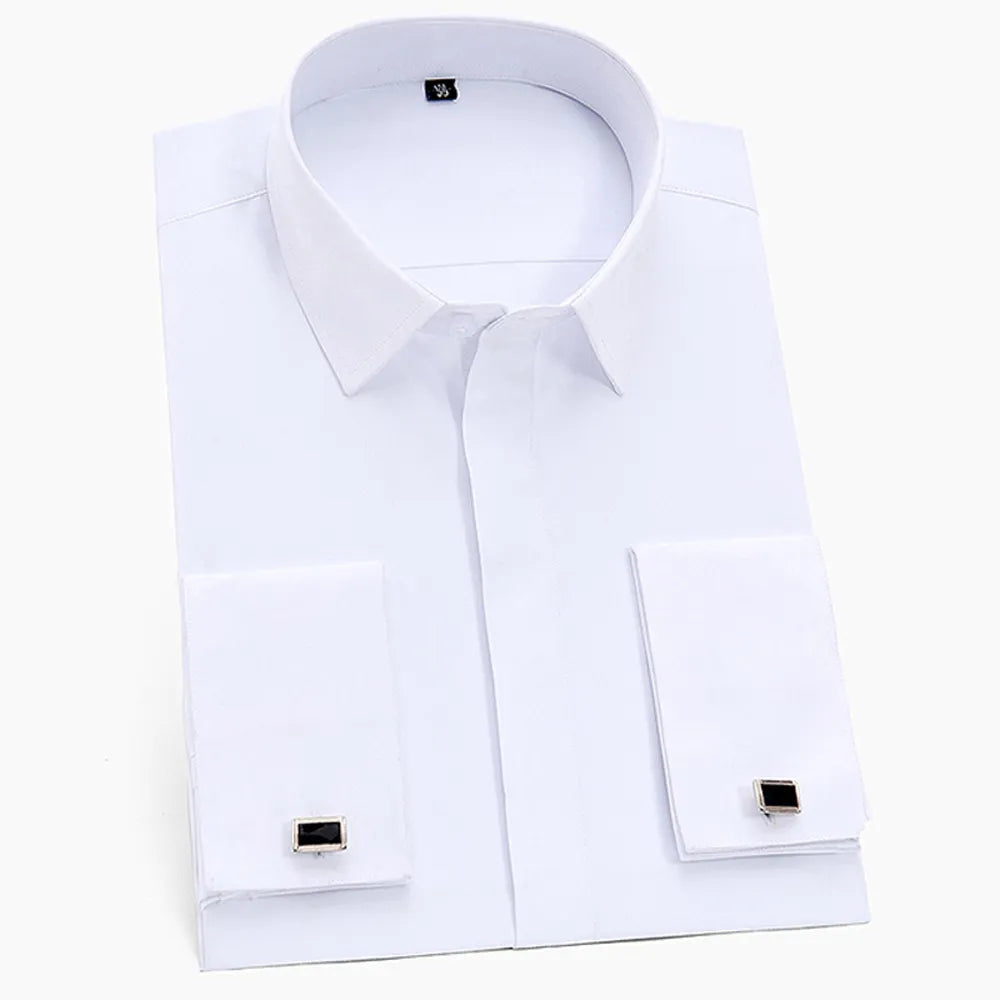 Men's Classic French Cuffs Solid Dress Shirt Fly Front Placket Formal Business