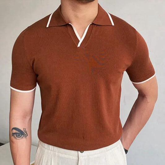 2023 New Vintage Polo Shirt Men Stripe T Shirt Knitting Casual Lapel Pullover