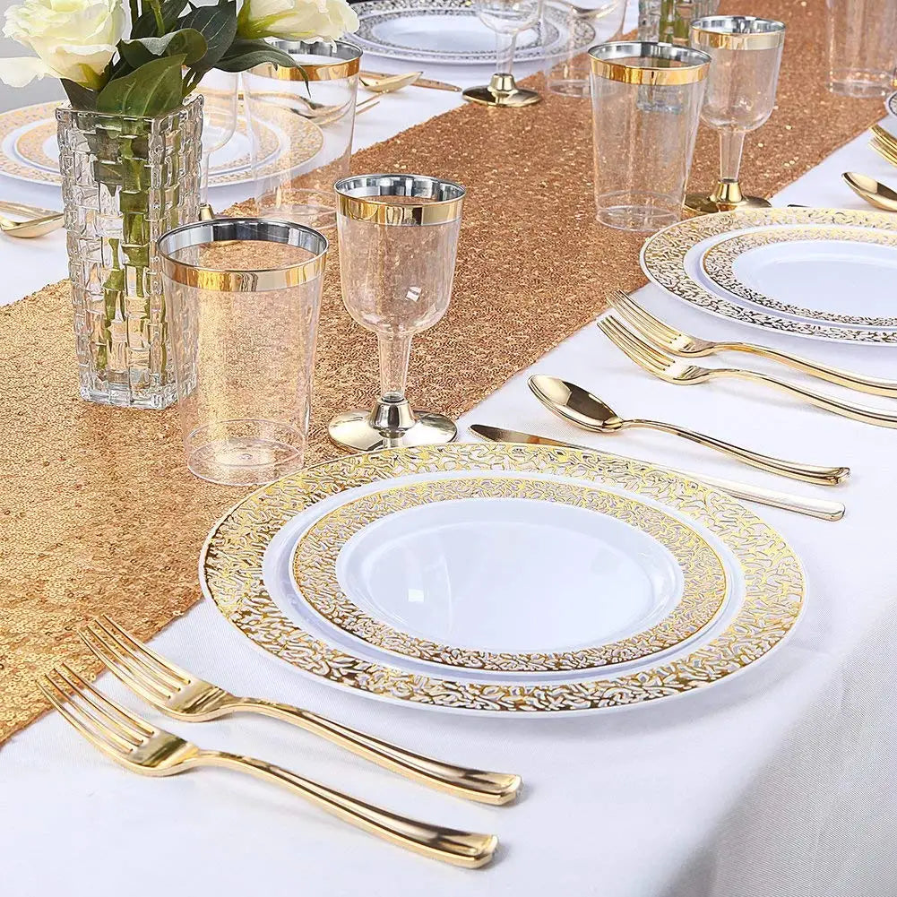 Gold Disposable Plastic Plates -Lace Design Wedding Party Plastic Plates