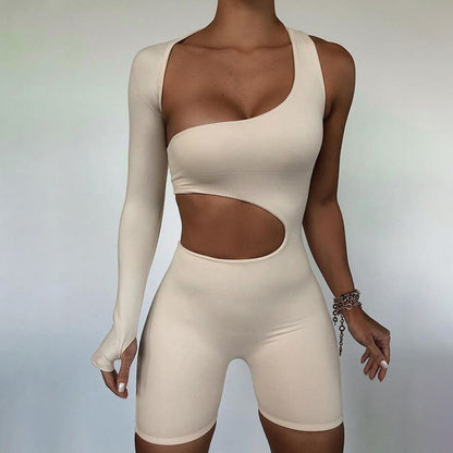 Skinny Fitness Womens Bodysuits Asymmetrical Solid Colors