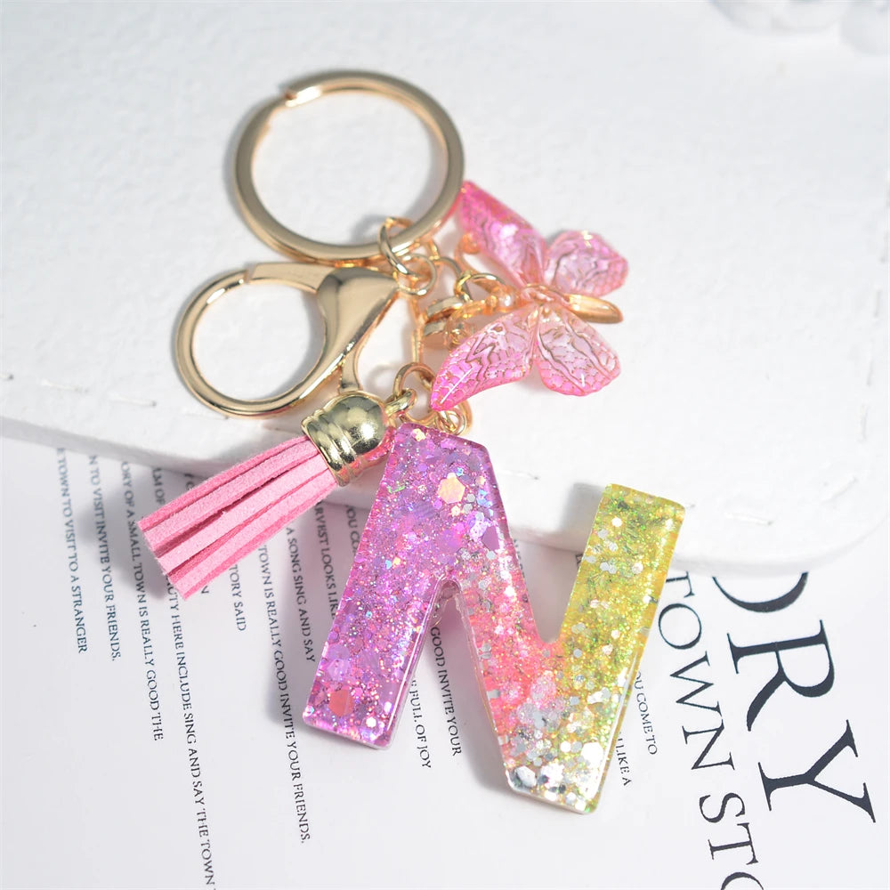 Cute Resin A-Z Initials Letter Keychain Pink Sparkle Butterfly Tassel Pendant