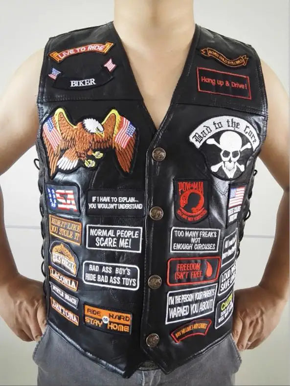 Mens Black Genuine Leather Motorcycle Vest W/ 42 Patches US Flag Eagle