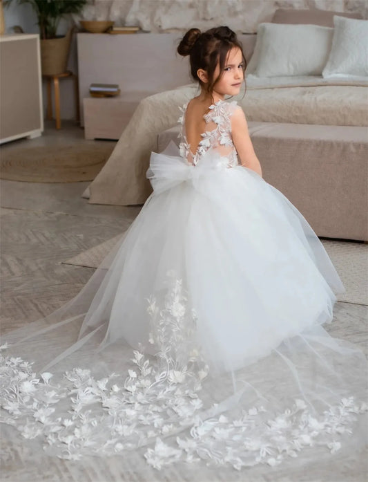 Ivory White Flower Girl Dress Tulle Puffy Detactable Tail Sticker for Wedding Cu