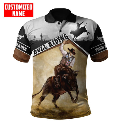 Personalized Name Bull Riding 3D All Over Printed Mens Polo Shirt