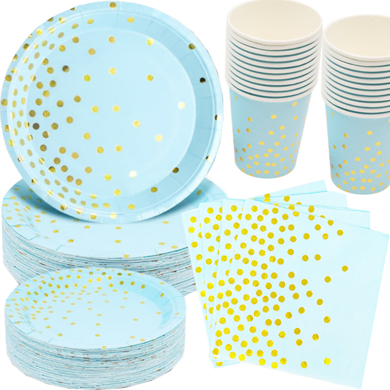 Serves 20 Blue Gold Dot Paper Plates Dessert Plate Napkin Disposable Cups