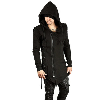 Black Long Hoodie Men 2023 New Fashion Bandage Zipper Mens Hoodies Sweatshirts